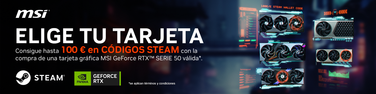 Consigue hasta 100 € EN CÓDIGOS STEAM WALLET con la compra de una tarjeta gráfica MSI GeForce RTX™ SERIE 50