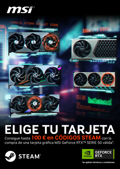 Consigue hasta 100 € EN CÓDIGOS STEAM WALLET con la compra de una tarjeta gráfica MSI GeForce RTX™ SERIE 50