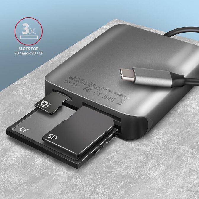 Lector de tarjetas AXAGON CRE-S3C External card reader USB-C 3.2 Gen 1, 3-slot & lun SD/microSD/CF, UHS-II image number 2