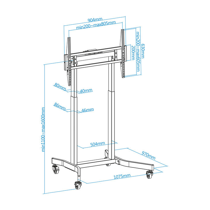 Soporte Móvil Tooq LUX con Ajuste Eléctrico de Altura 55" a 100" Máx. 120Kg Negro image number 3
