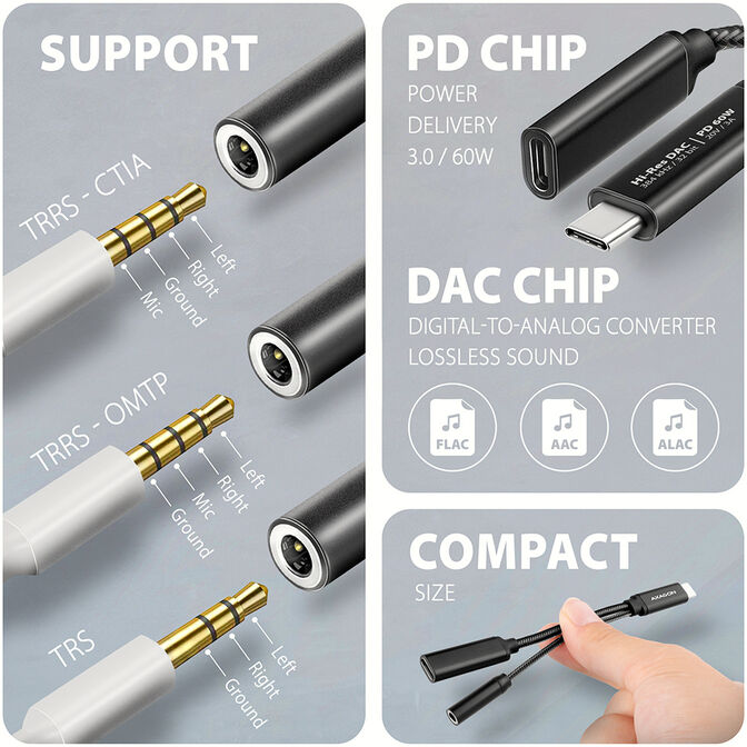 Adaptador &Aacute;udio AXAGON ADA-HCPD USB-C - 3.5mm (F) conector Hi-Res DAC 32bit 384kHz  PD 60W 3A image number 1