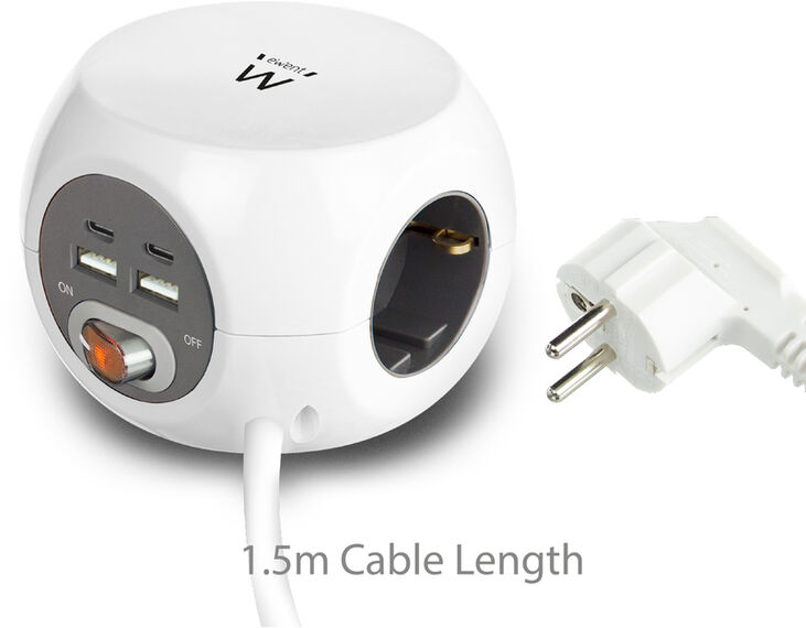 Regleta C&uacute;bica Ewent 3 Tomas c/Shuko + 2 USB-A + 2 USB-C 3.4A 1.5 M Blanco image number 2