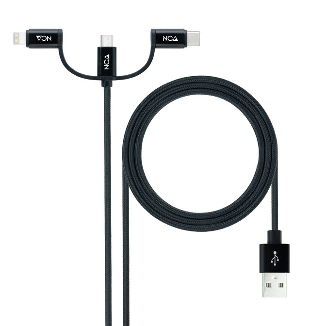 Cable USB 3 em 1 Nanocable USB-A para 1x USB-C + 1x Micro-USB + 1x Lightning 1 M Negro image number 0