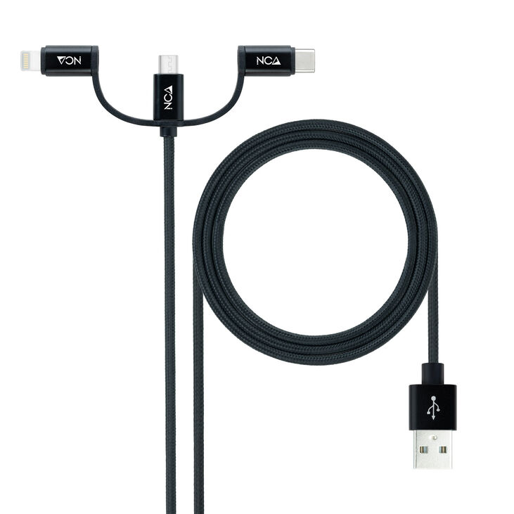 Cable USB 3 em 1 Nanocable USB-A para 1x USB-C + 1x Micro-USB + 1x Lightning 1 M Negro image number 0