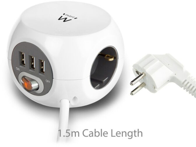 Regleta C&uacute;bica Ewent 3 Tomas + 3 Portas USB 2.4A c/ Cable 1.5 M Blanco image number 2