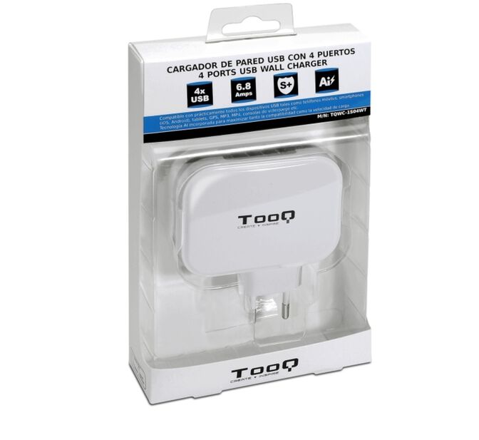 Cargador Tooq 4x USB 5V 6.8A com Controlo AI - Blanco image number 2