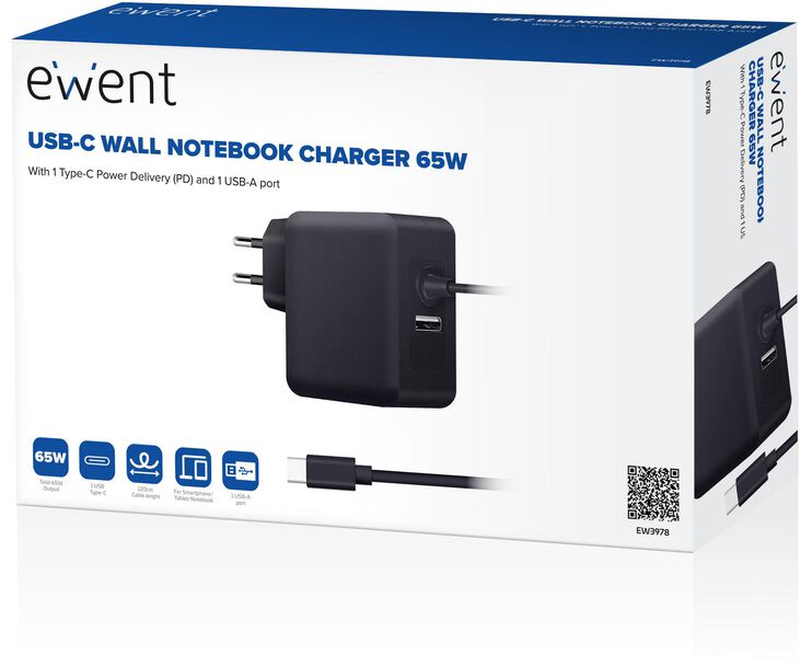 Cargador de Portátil Ewent USB-C + 1-Puerta USB-A PD 65W Negro image number 2