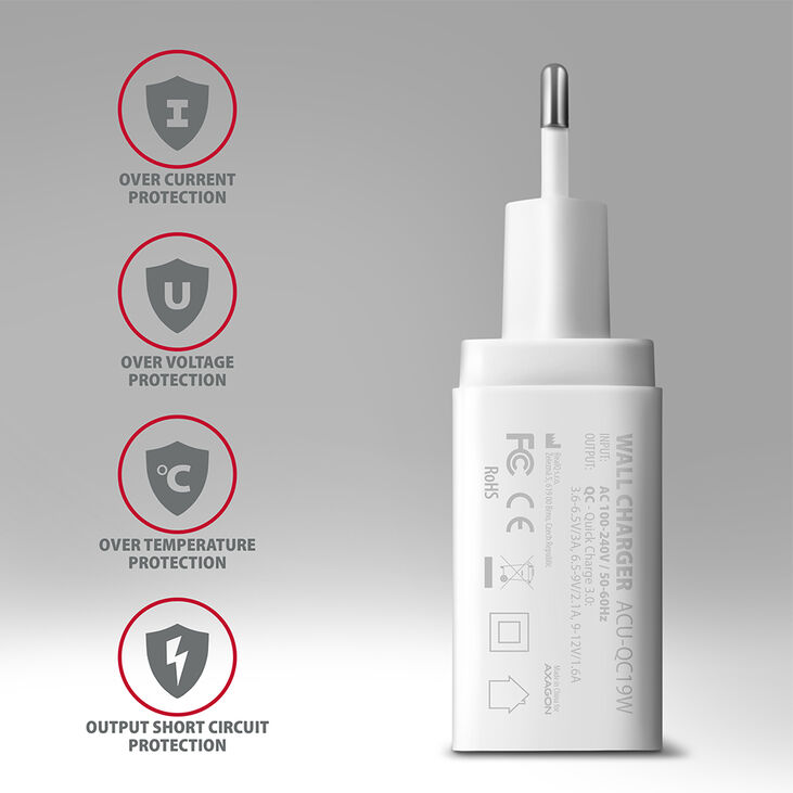 Cargador de pared AXAGON ACU-QC19W 1x QC3.0/AFC/FCP/SMART 19W Blanco image number 3