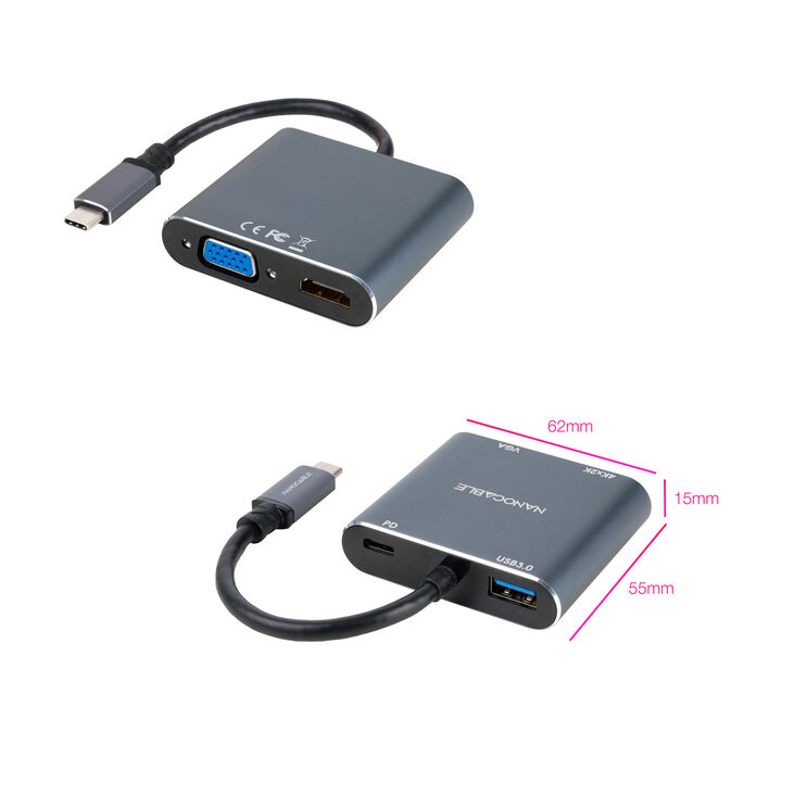Adaptador Nanocable USB-C > HDMI + VGA + USB3.0 + USB-C (PD 60W) 15CM Gris Compatible con Thunderbolt 3 image number 2