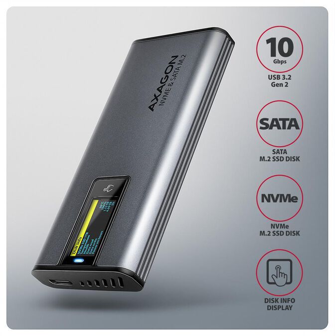 Caja Externa AXAGON EEM2-SD2 para M.2/SSD C/ Display USB-C 3.2 Gen2 - Silver image number 1