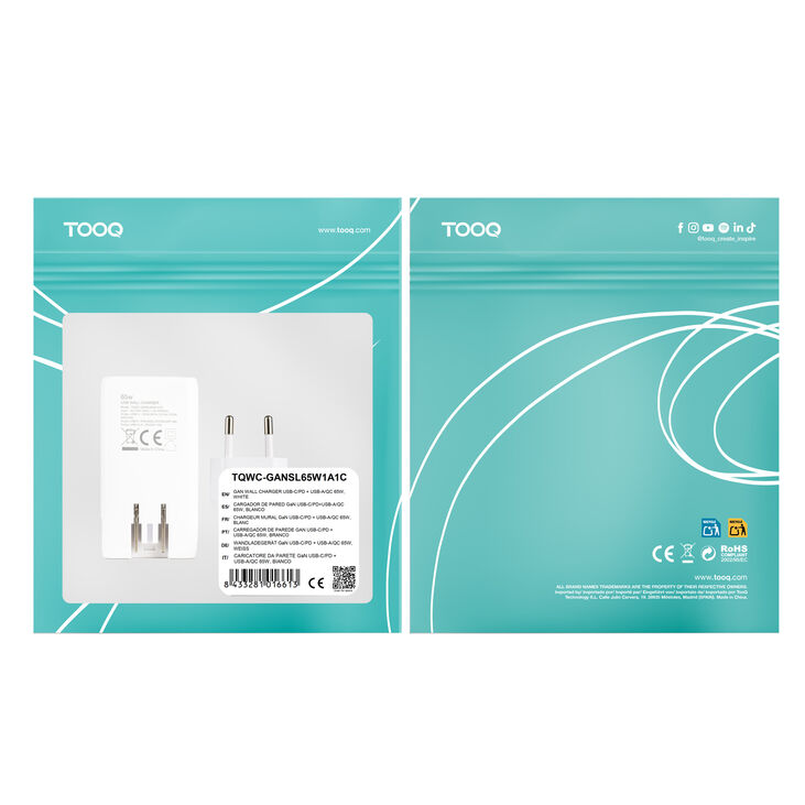 Cargador Tooq GaN USB-C/PD+USB-A/QC 65W, Blanco image number 8