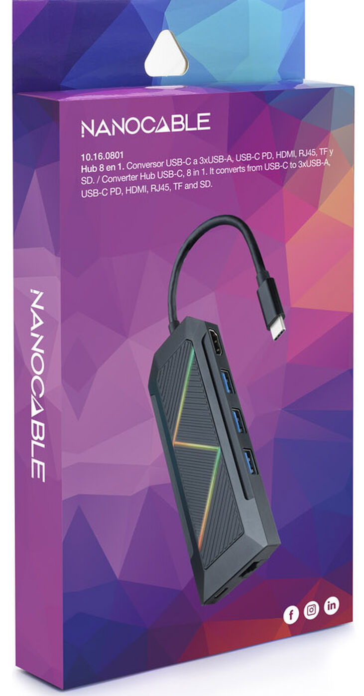 Hub USB-C NanoCable 3x USB-A / USB-C PD 3.0 (100W) / HDMI / RJ45 / TF / SD image number 1