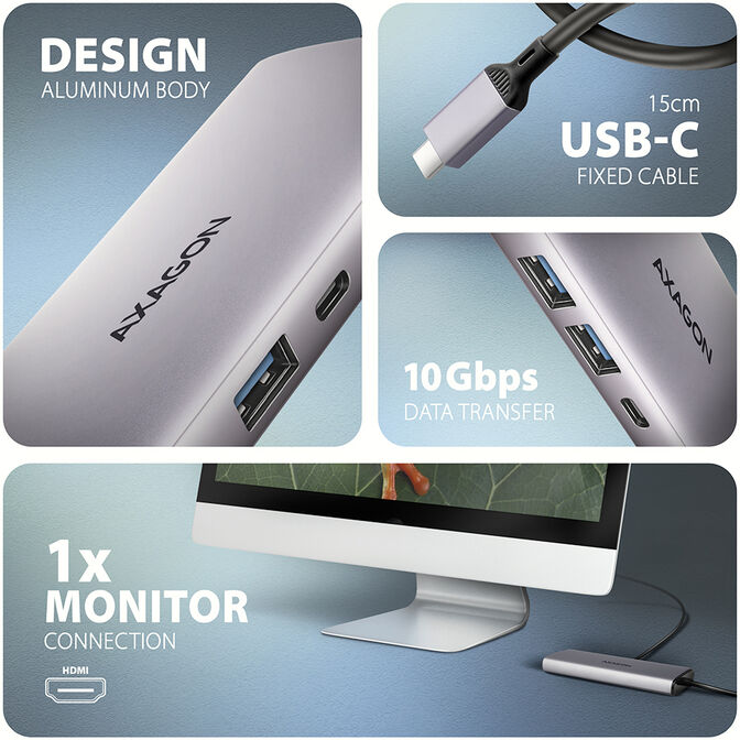 HUB USB-C AXAGON HMC-6G2L 2x USB-A 10Gbps, 1x USB-C 10Gbps, 4K/60Hz HDMI, RJ-45, USB 3.2 Gen 2 hub, PD 100W image number 2