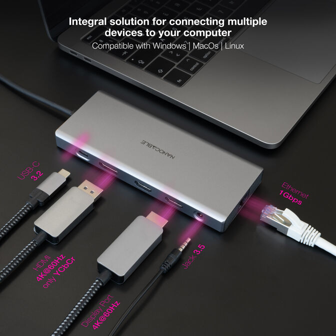 Hub Nanocable USB-C 3xUSB-A+USB-C/CARGA+2xHDMI+DP+RJ45+TF+SD+AUDIO image number 4