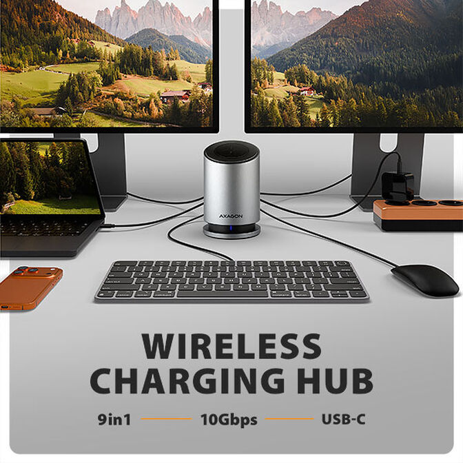 HUB AXAGON HMC-WL9 USB 10Gbps, Qi wireless charging, 3&times;USB-A, USB-C, HDMI & DisplayPort 4K/60Hz, RJ-45, PD 100W image number 3