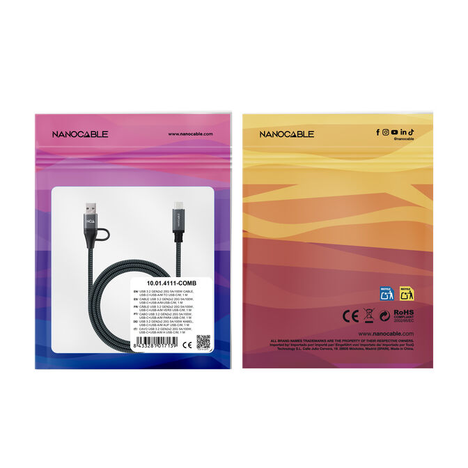Cable USB 3.2 Gen2x2 Nanocable 20Gbps 5A/100W 4K/60HZ USB-C M/USB-A/M 2 M Gris/Negro image number 6