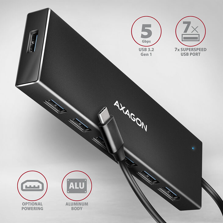 HUB USB-C AXAGON HUE-F7C 7x USB 3.2 Gen 1 ALU FLAT, micro USB power IN image number 1