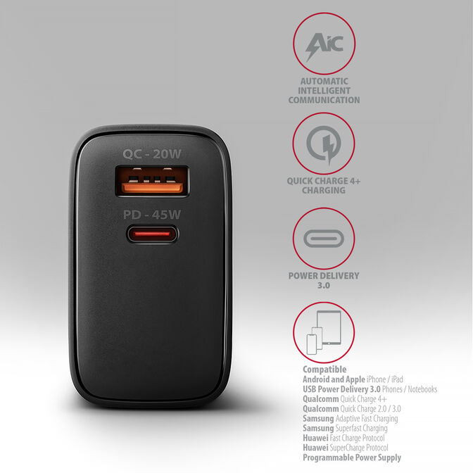 Cargador de pared AXAGON ACU-PQ45 QC3.0,4.0/AFC/FCP/PPS/Apple + PD type-C 45W Negro image number 1