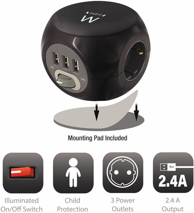 Regleta C&uacute;bica Ewent 3 Tomas + 3 Portas USB 2.4A c/ Cable 1.5 M Negro image number 2