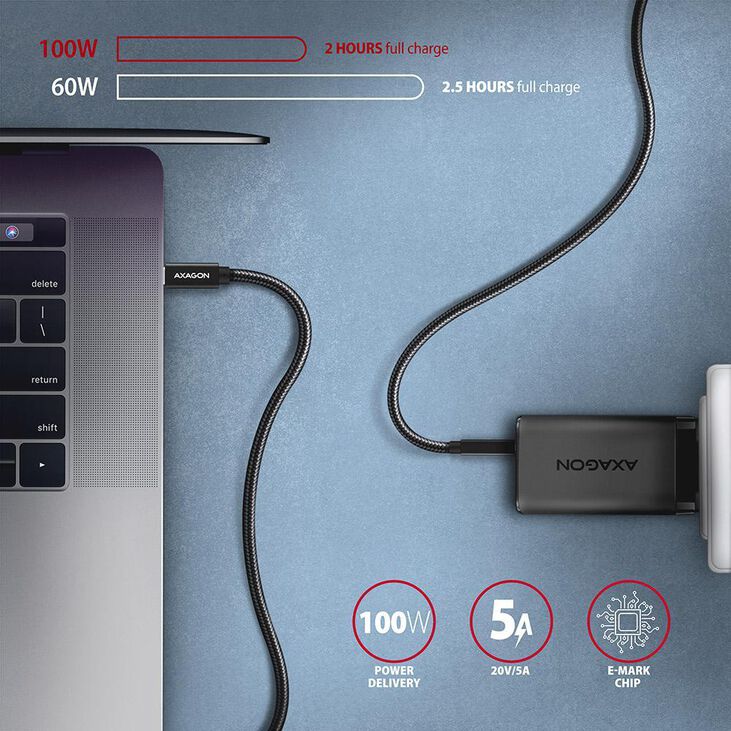 Cable de cargamento AXAGON BUCM32-CM05AB USB-C  <-> USB-C 3.2 Gen 2, 1m, PD 100W, 5A, 4K HD, ALU, braid, Negro image number 3