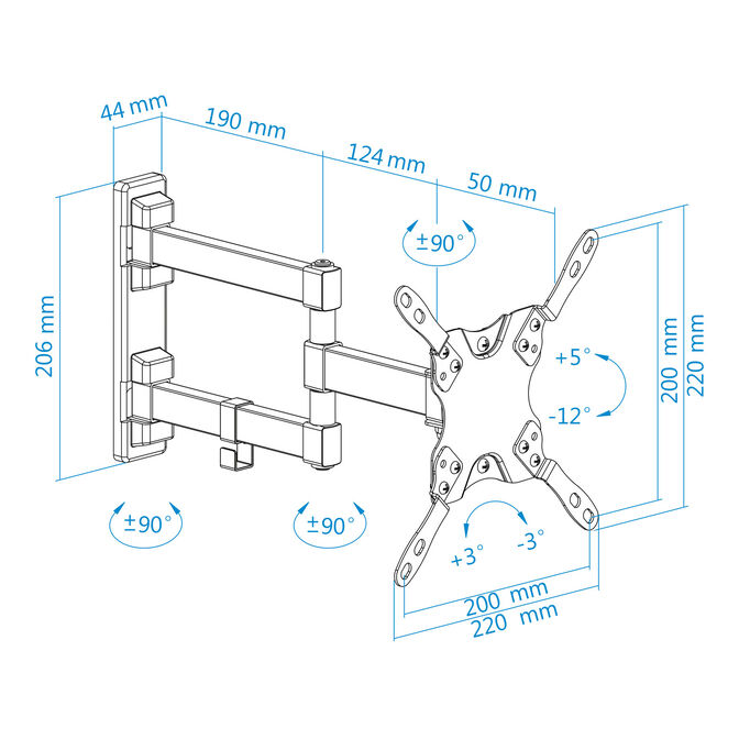 Soporte de Pared Tooq Tilt e GiRat&oacute;nrio 3 Pivots 13" a 42" Max. 20Kg Negro image number 10