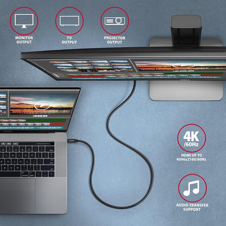 Cable de cargamento AXAGON BUCM32-CM05AB USB-C  <-> USB-C 3.2 Gen 2, 1m, PD 100W, 5A, 4K HD, ALU, braid, Negro image number 6