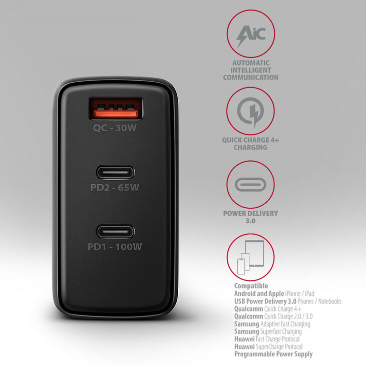 Cargador de pared AXAGON ACU-DPQ100, 3 puertas (USB + USB-C duplo), PD3.0/QC4+/PPS/Apple, 100 W, Negro image number 2