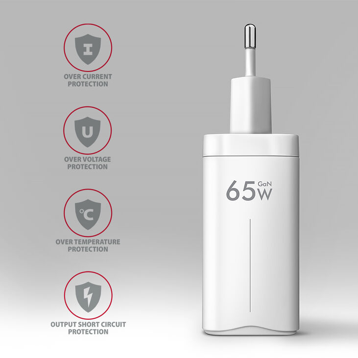 Cargador de pared AXAGON ACU-DPQ65, 3 puertas (USB + USB-C duplo), PD3.0/QC4+/PPS/Apple, 65 W, Blanco image number 3