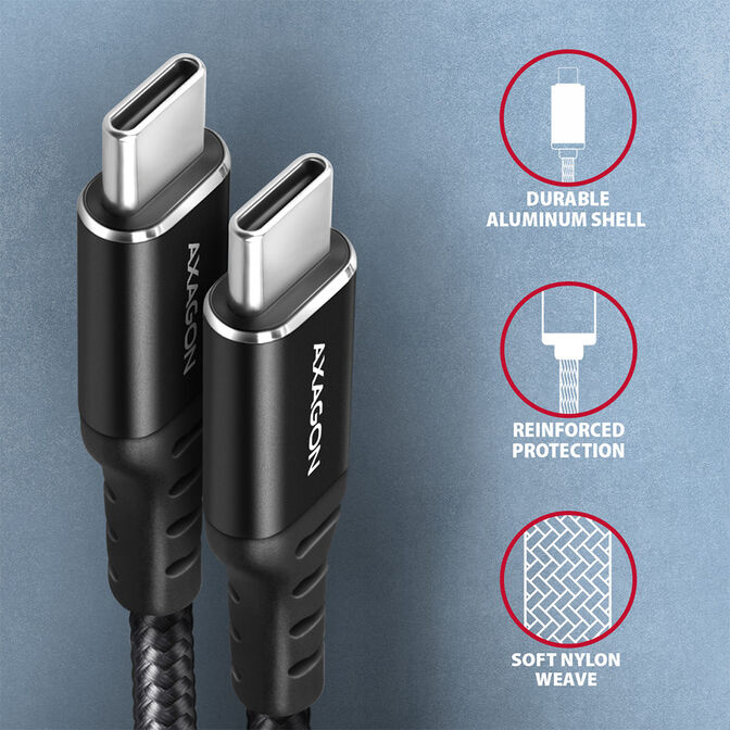 Cable AXAGON BUCM-CM15AB USB-C  <-> USB-C 2.0, 1.5m, PD 60W, 3A, ALU, braid image number 2