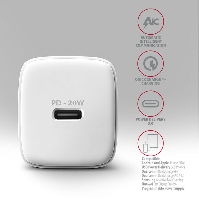 Carregado de pared AXAGON ACU-PD20W, 1 puerta (USB-C), PD3.0/PPS/QC4+/AFC/Apple, 20 W, Blanco image number 2