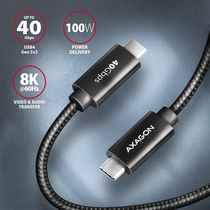 Cable de cargamento AXAGON BUCM432-CM10AB USB-C <-> USB-C, USB4 Gen 3&times;2, 1m, PD 100W, 8K HD, ALU, braid, Negro image number 1