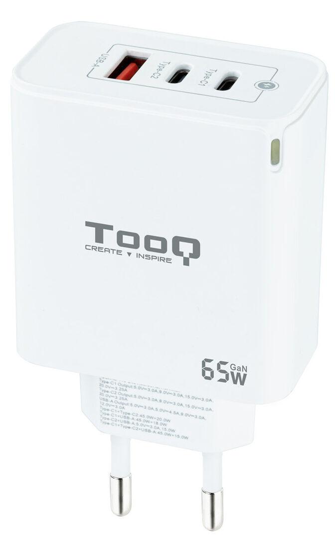 Cargador GaN Tooq 2xUSB-C/PD 65W + USB-A/QC 65W image number 0