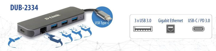 HUB USB D-Link USB-C Macho > 3 x USB 3.0 (SS) + 1 x USB-C (Thunderbolt 3) (PD60W) + 1 x RJ45 image number 2