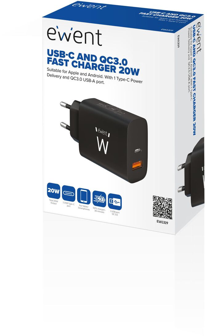 Cargador Ewent EW1319 USB-C/USB-A Fast Charger 20W Negro image number 3