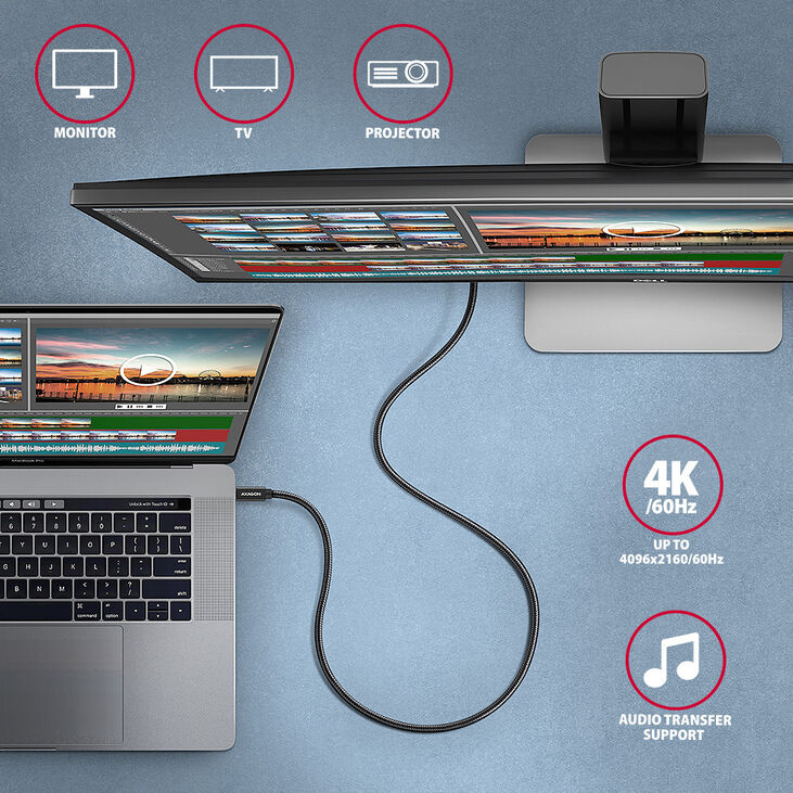 Cable de cargamento AXAGON BUCM32-CM15AB USB-C  <-> USB-C 3.2 Gen 2, 1.5m, PD 100W, 5A, 4K HD, ALU, braid, Negro image number 4
