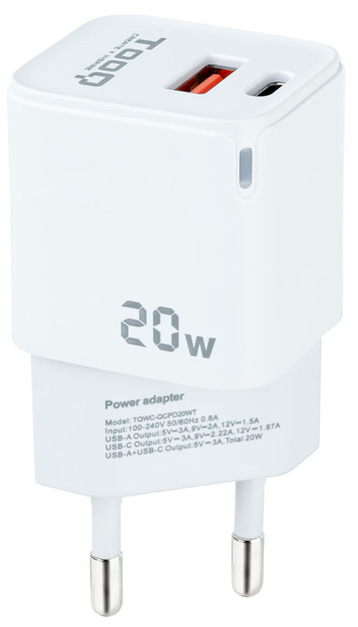 Cargador Tooq USB-C/PD 20W + USB-A/QC 20W image number 0