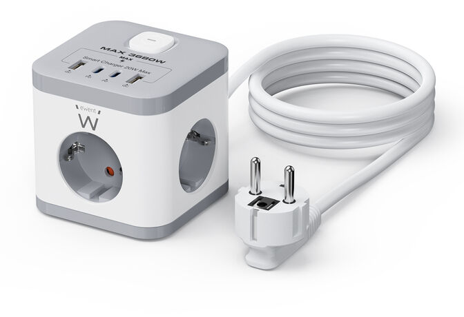 Bloco Tomada Ewent EW3863 Power Tower 3 Tomadas Schuko 16A + 2 USB-A + 2 USB-C 2m Branca/Gris image number 0