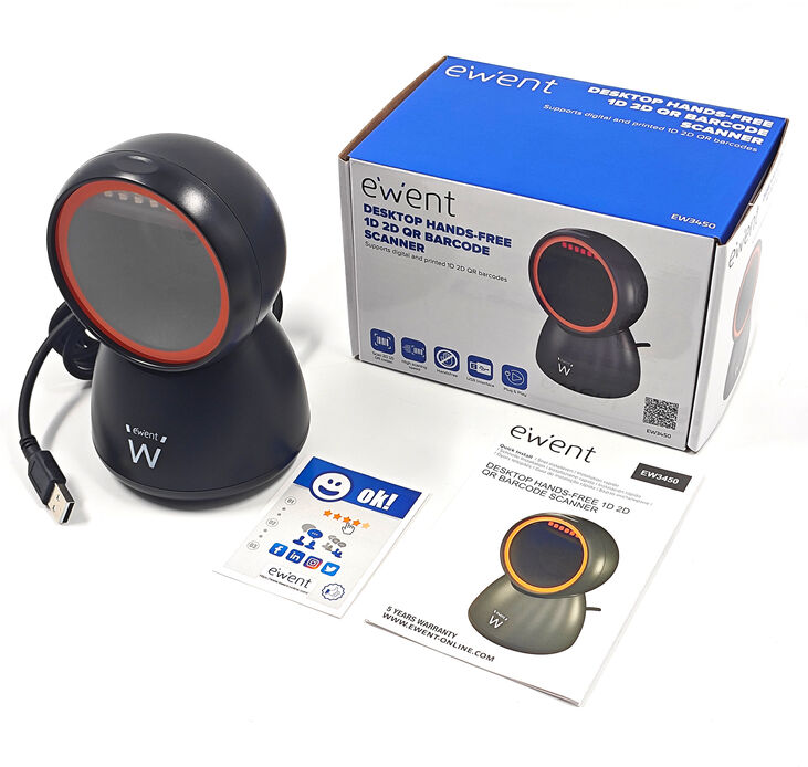 Lector Código Barras Ewent EW3450 Desktop Hands-Free USB, 1D/2D/QR 360º Negro image number 4