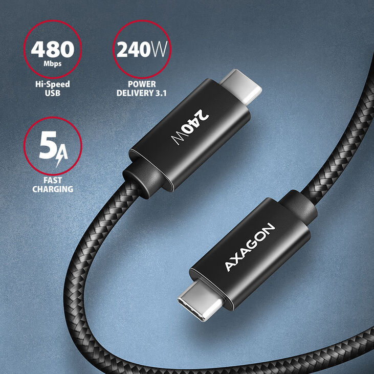 Cable de Carga AXAGON BUCM2-CM15AB USB-C <-> USB-C 2.0, 1.5m, PD 240W 5A, ALU, braid image number 1
