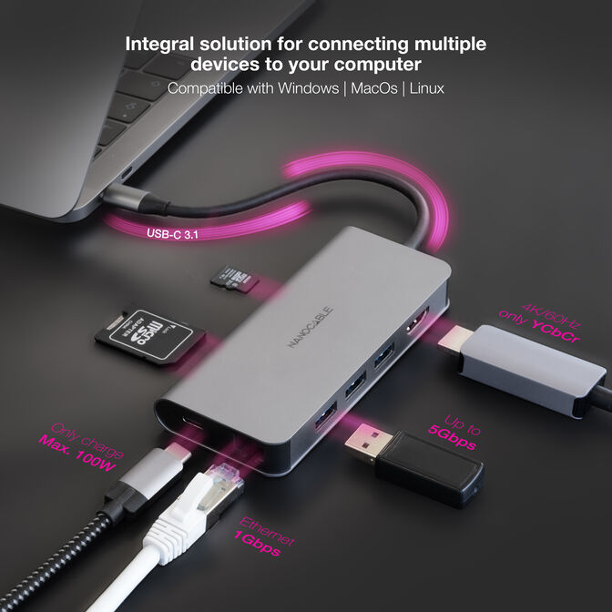 Hub Nanocable USB-C 3xUSB-A+HDMI+USB-C CARGA+RJ45+TF+SD image number 4