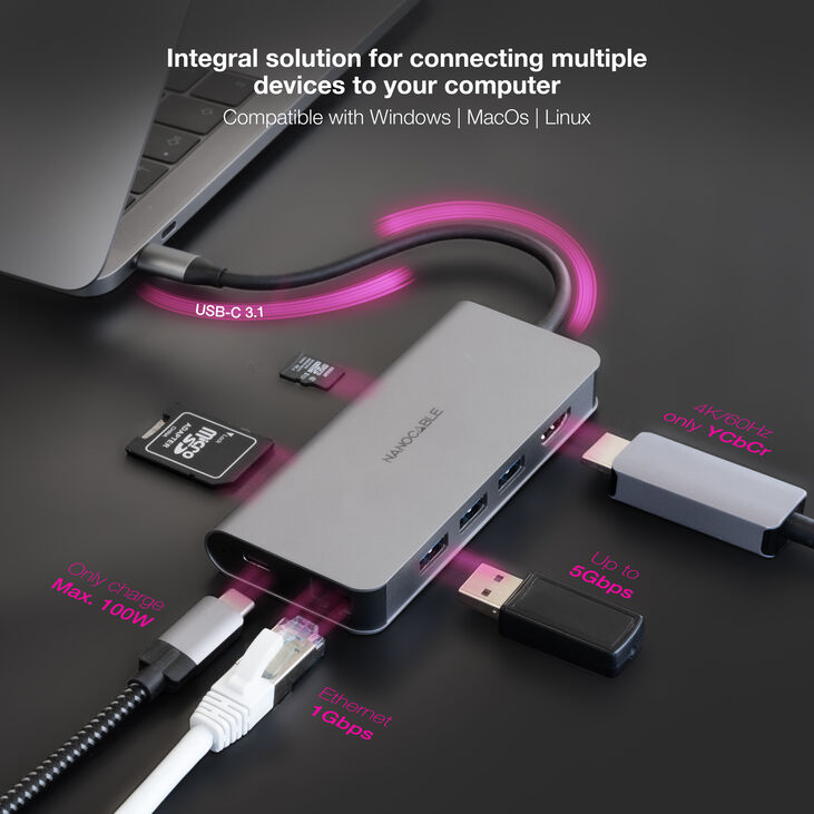 Hub Nanocable USB-C 3xUSB-A+HDMI+USB-C CARGA+RJ45+TF+SD image number 4