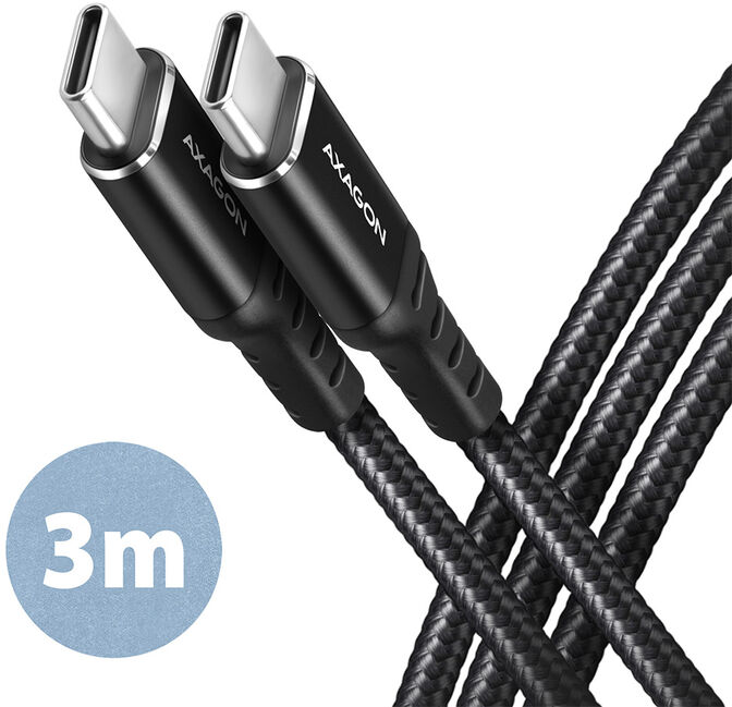 Cable de cargamento AXAGON BUCM-CM30AB USB-C  <-> USB-C 2.0, 3m, PD 60W, 3A, ALU, braid, Negro image number 0