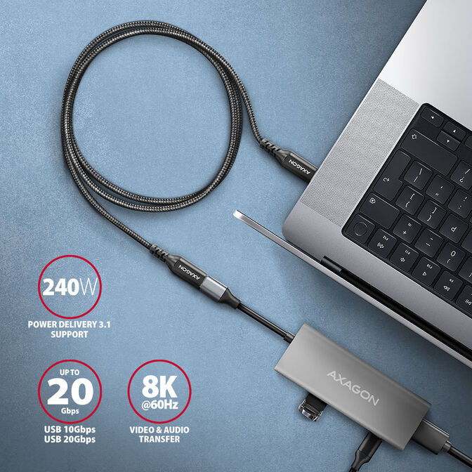Extensi&oacute;n AXAGON BUCM32-CF05AB USB-C <-> USB-C 3.2 Gen 2, 0.5m, 20 Gbps, ALU, braid image number 2