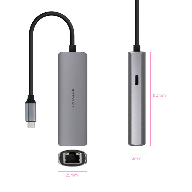 Hub Convertidor Nanocable USB-C a RJ45, PD 100W, USB-C/M, 18 CM image number 1