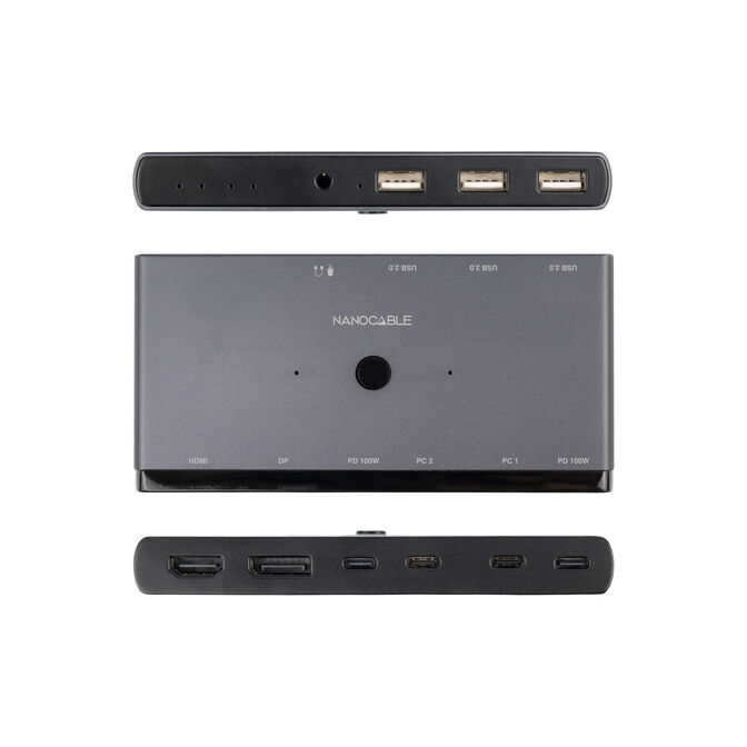 Switch Conmutador KVM Nanocable 2x USB-C a 3xUSB-A+2xPD+HDMI+DP+Audio image number 2