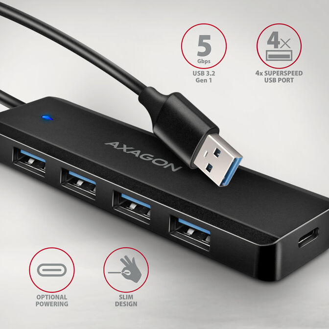 Travel Hub AXAGON HUE-C1A 4x USB3.2 Gen 1 USB-C power IN, w, Type-A - 20cm image number 1