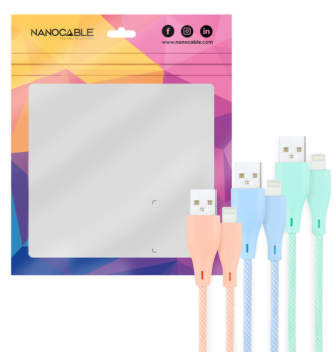 Cabos Lightning Nanocable Lightning para USB A/M Coiled 1M (Pack 3 - Rosa, Azul y Verde) image number 0