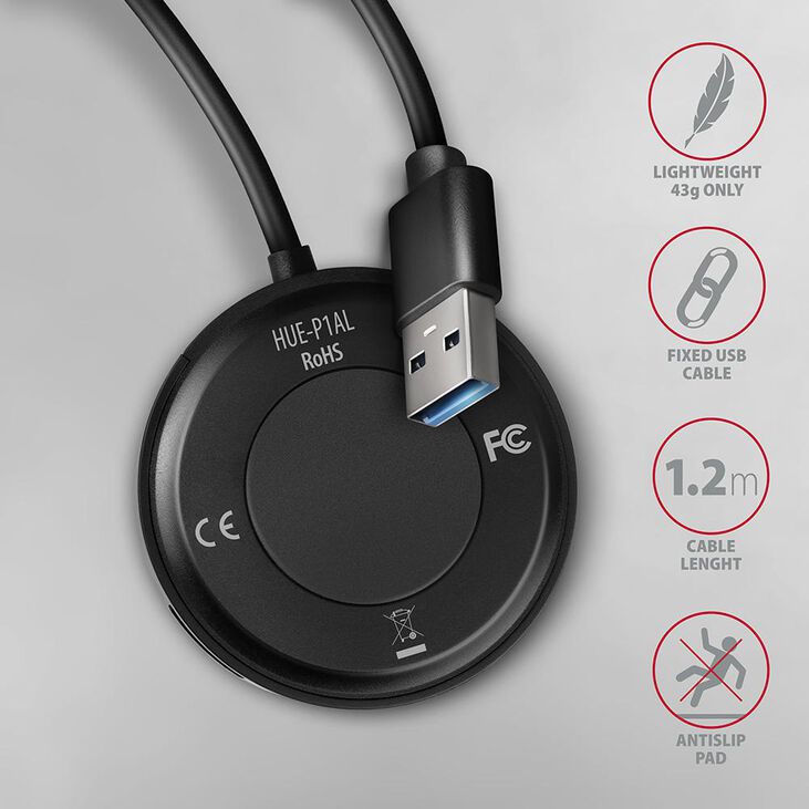 HUB USB AXAGON HUE-P1AL 4x USB 3.2 Gen 1 ROUND, micro USB power IN image number 4