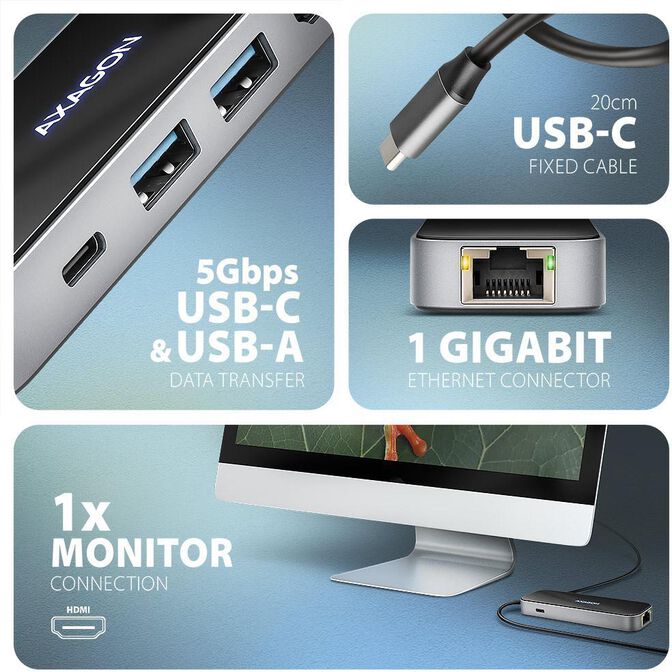 Multiport-Hub AXAGON HMC-6GLN 2x USB-A 5Gbps, 1x USB-C 5Gbps, 4K/60Hz HDMI, RJ-45, USB 3.2 Gen 1 hub, PD 100W, 20cm USB-C cable image number 4