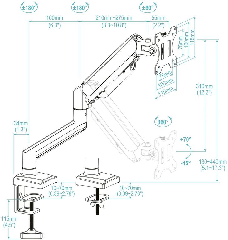 Soporte de Mesa Tooq Tilt e Giratório 13" a 34" Max. 10kg Negro image number 6